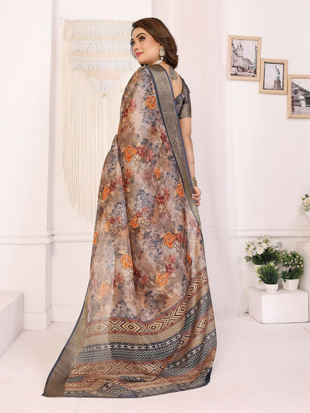 Joban Fashion Grey Floral Print pattern Banarasi Silk Sarees | Grocsy