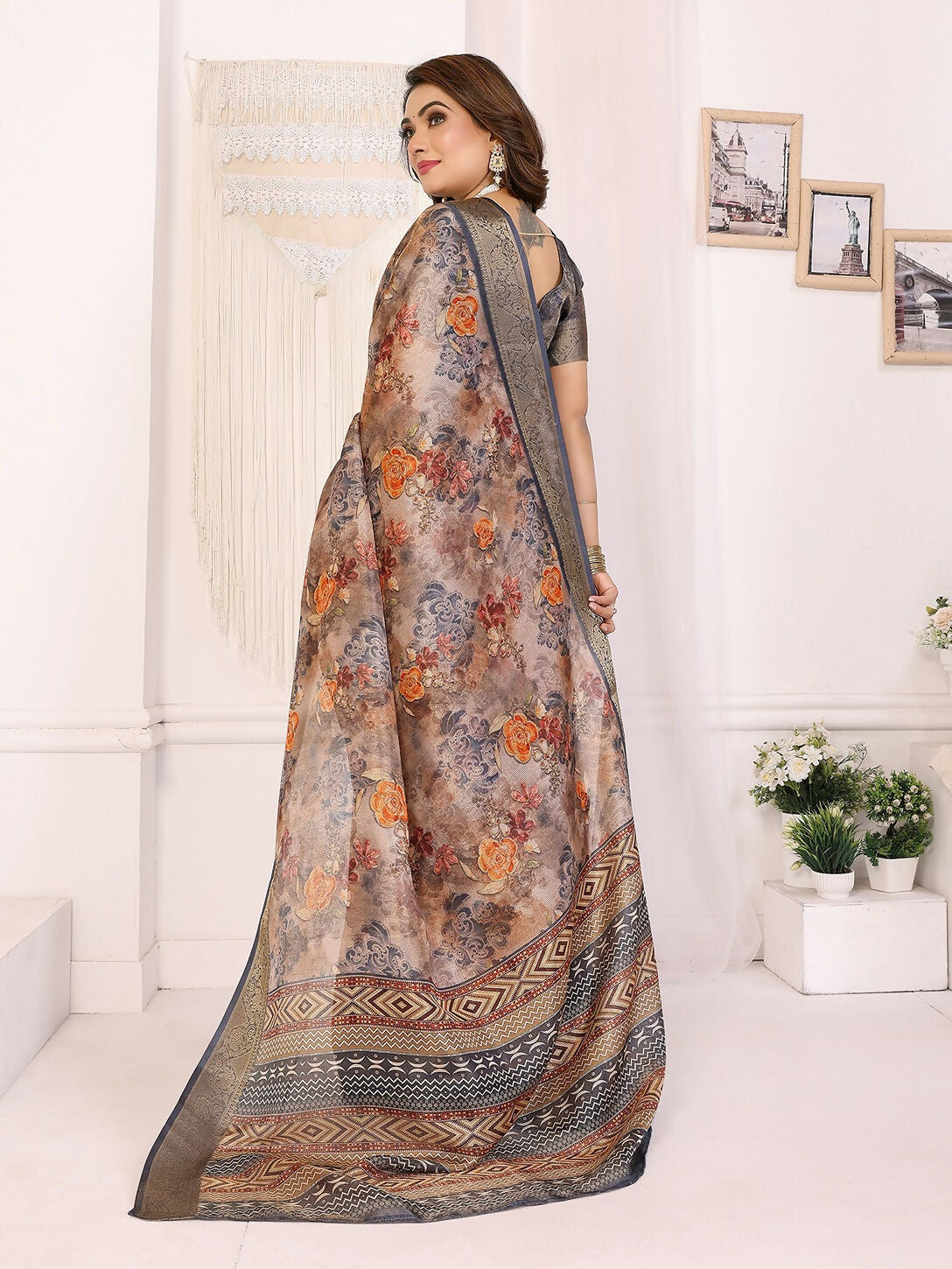 Joban Fashion Grey Floral Print pattern Banarasi Silk Sarees | Grocsy