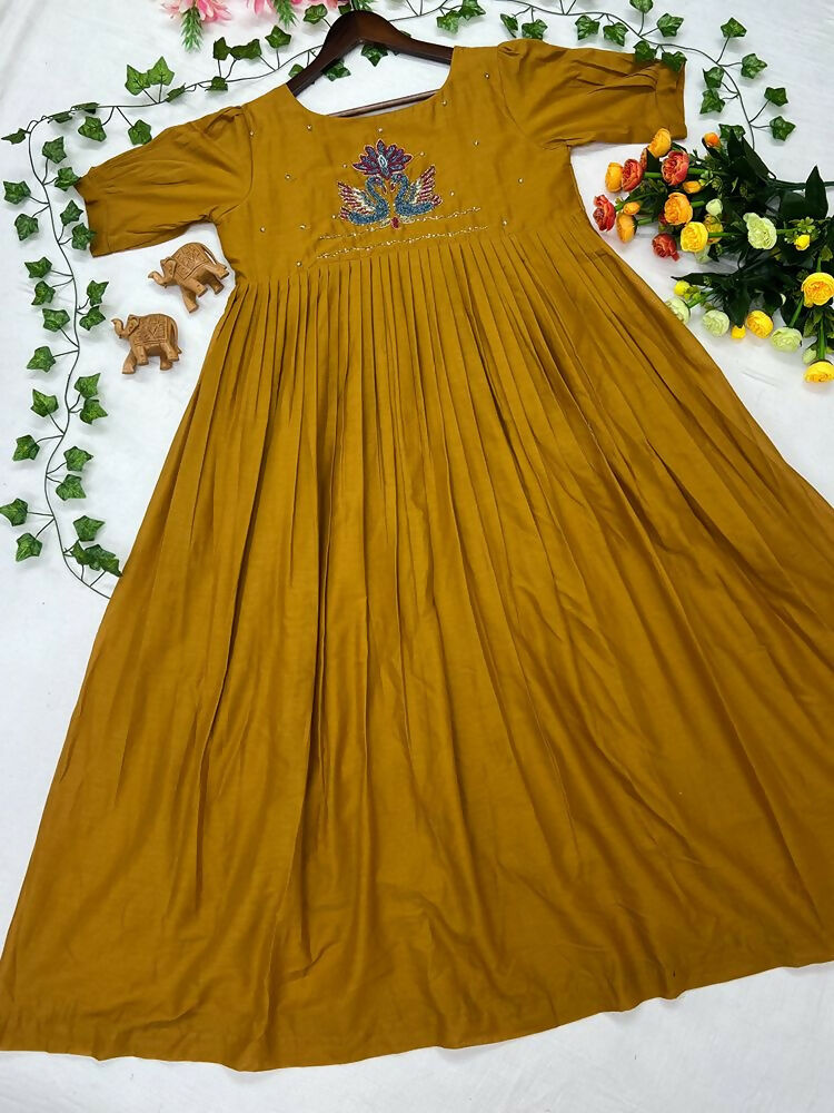 Teeya Creation Women's New Trendy Mustard Pleated Maxi Dress with Intricate Peacock Beadwork | Grocsy