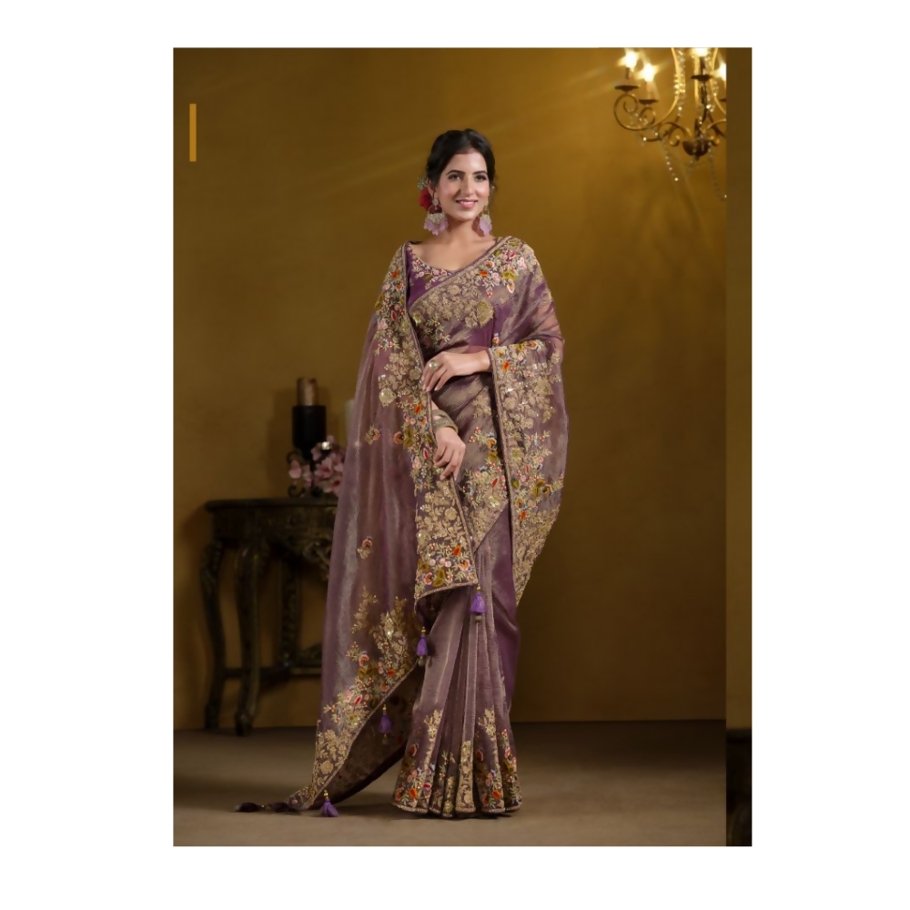 Purple Pure Banarasi Crush Pure Khatli work Designer Saree With Blouse. - Rajasvi | Grocsy