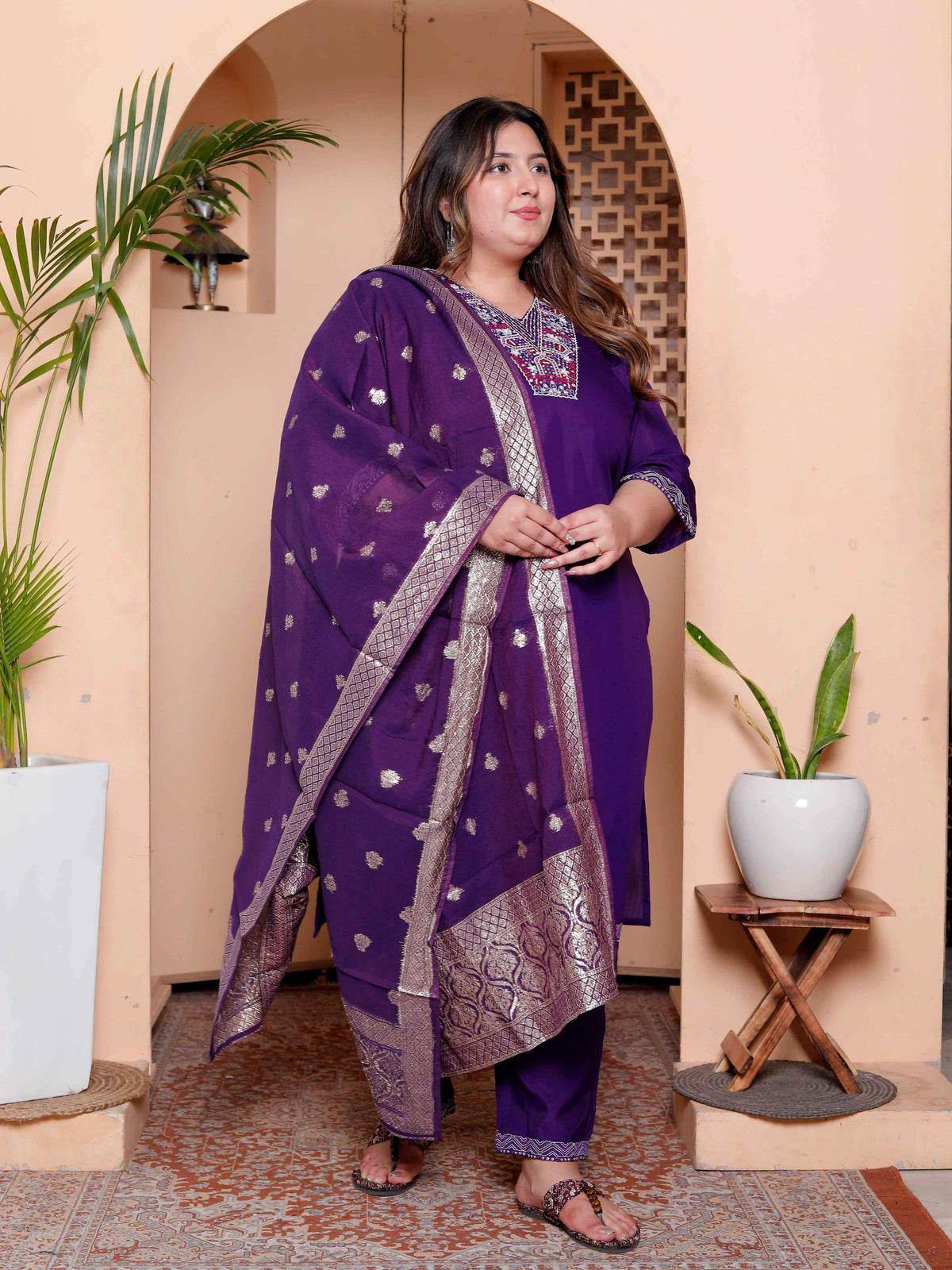 Miravan Women's Plus Size Purple Muslin Straight kurta and palazzo with dupatta Suit set | Grocsy