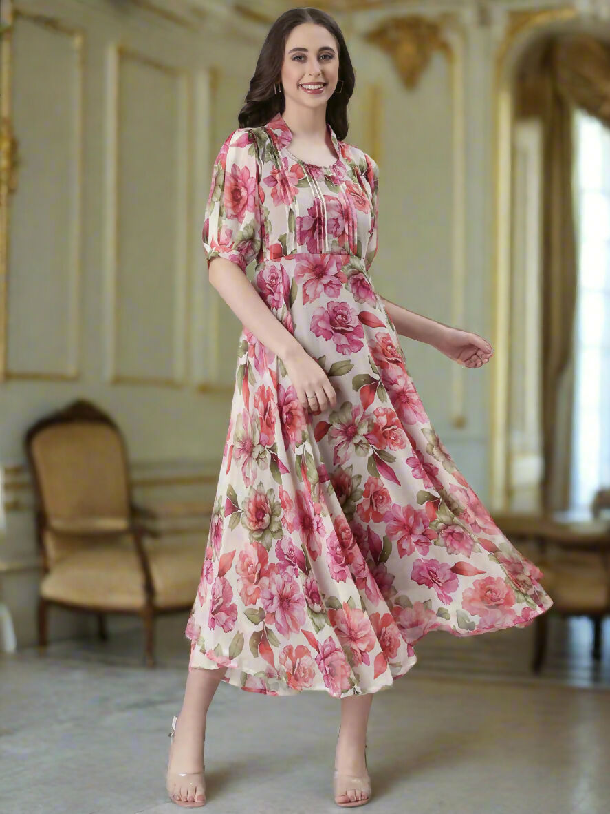 Souchii Cream Floral Chiffon Dress | Grocsy