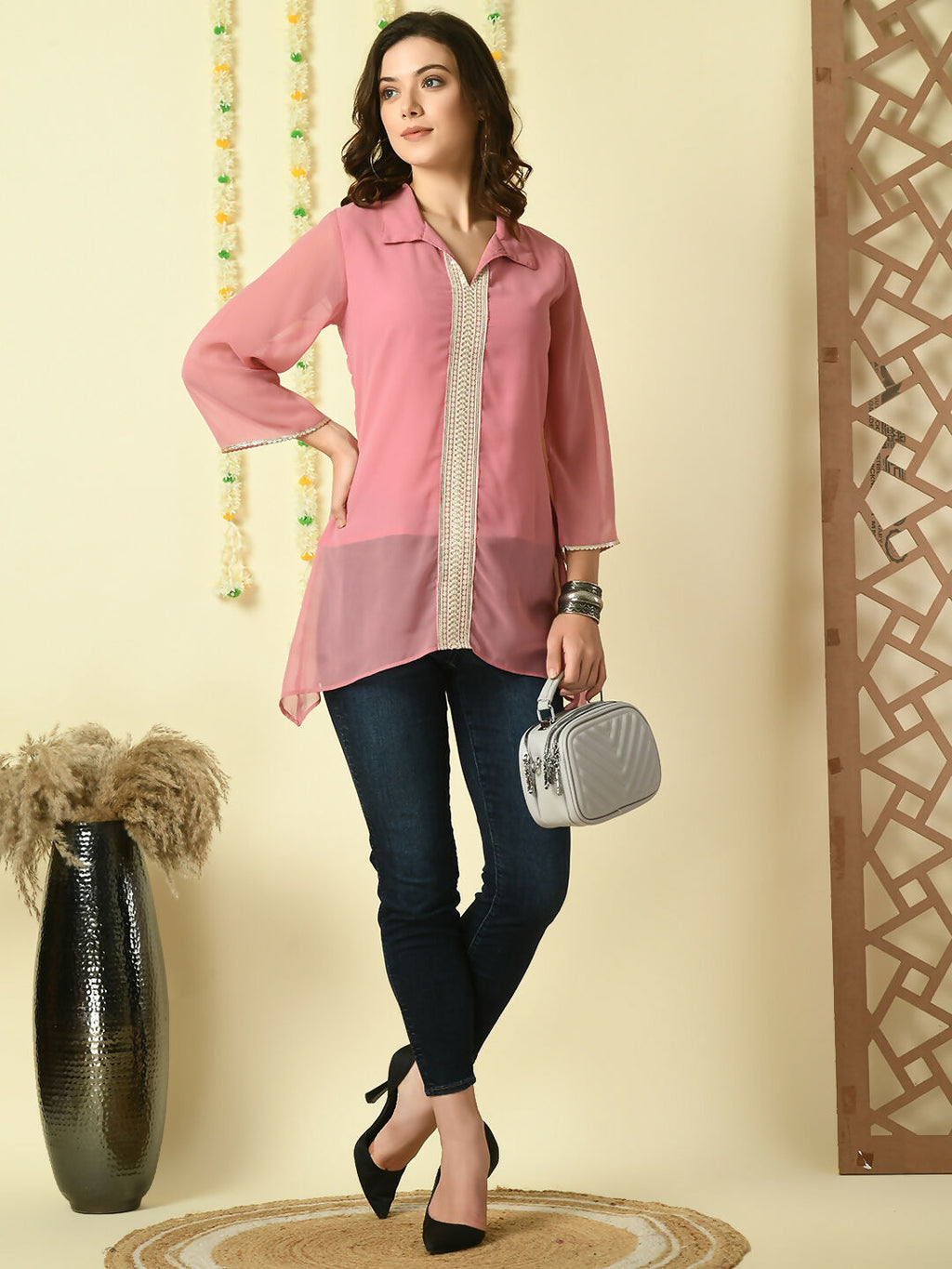 Myshka Women's Pink Embroidered Party Fusion Top | Grocsy