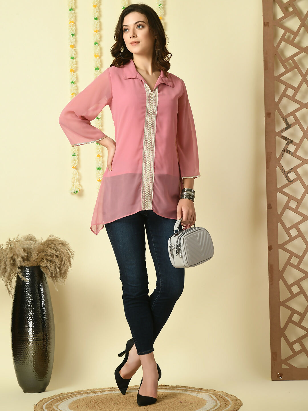 Myshka Women's Pink Embroidered Party Fusion Top | Grocsy