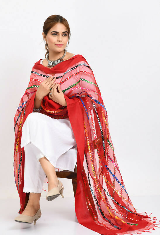 Mominos Fashion Moeza Women's Orgenza Multi Thread Mirror Work Red Dupatta | Grocsy
