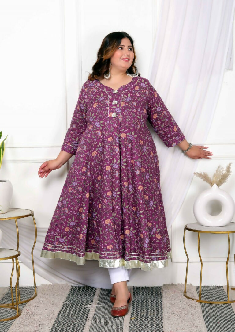 Miravan Women's Plus Size Cotton Gota Patti And Lace Border Details Floral Printed Purple Anarkali Kurta | Grocsy