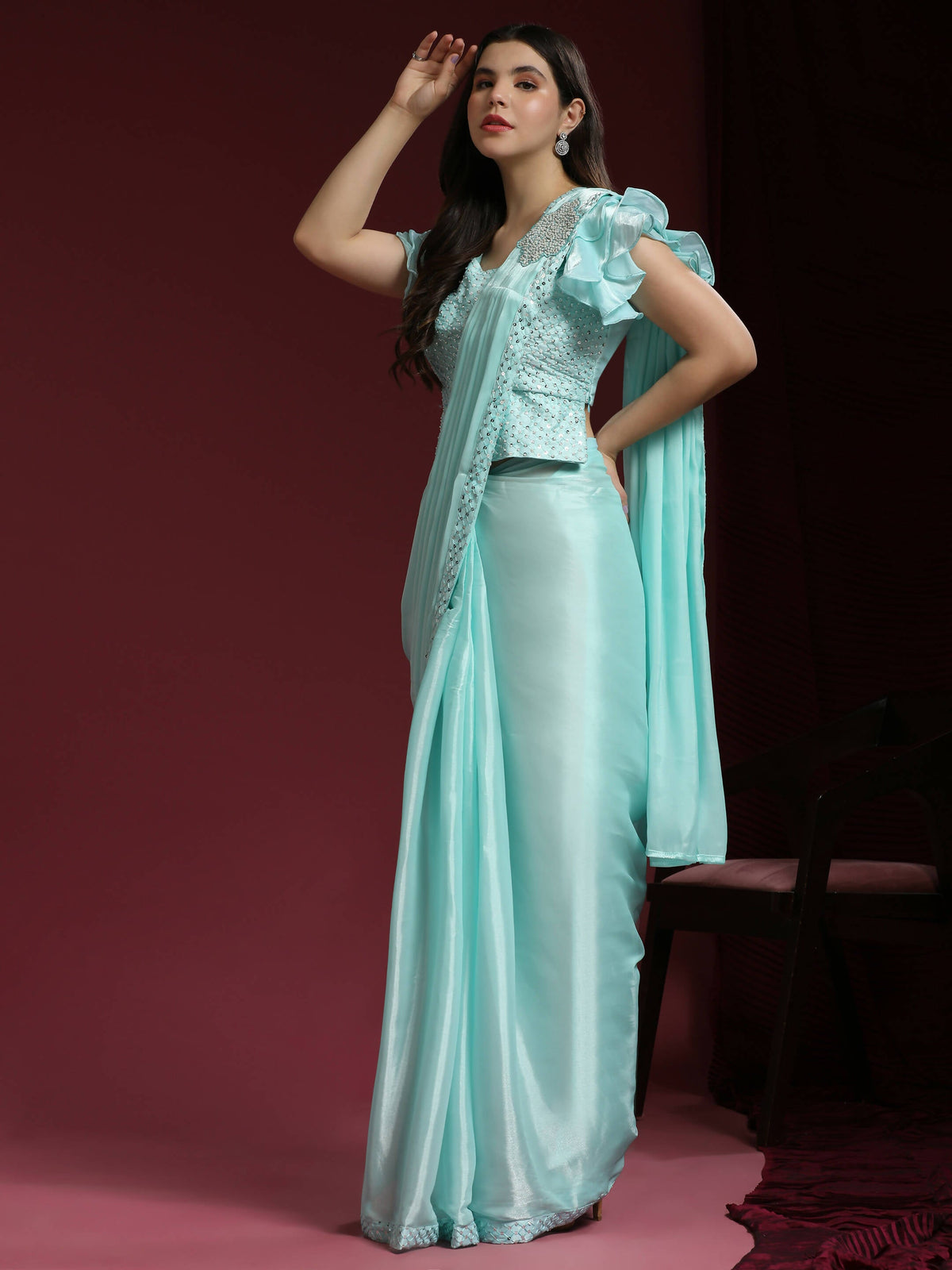 Light Blue Silk Satin Sequence Work Ready to Wear Saree with stitched Blouse - Nirvana | Grocsy