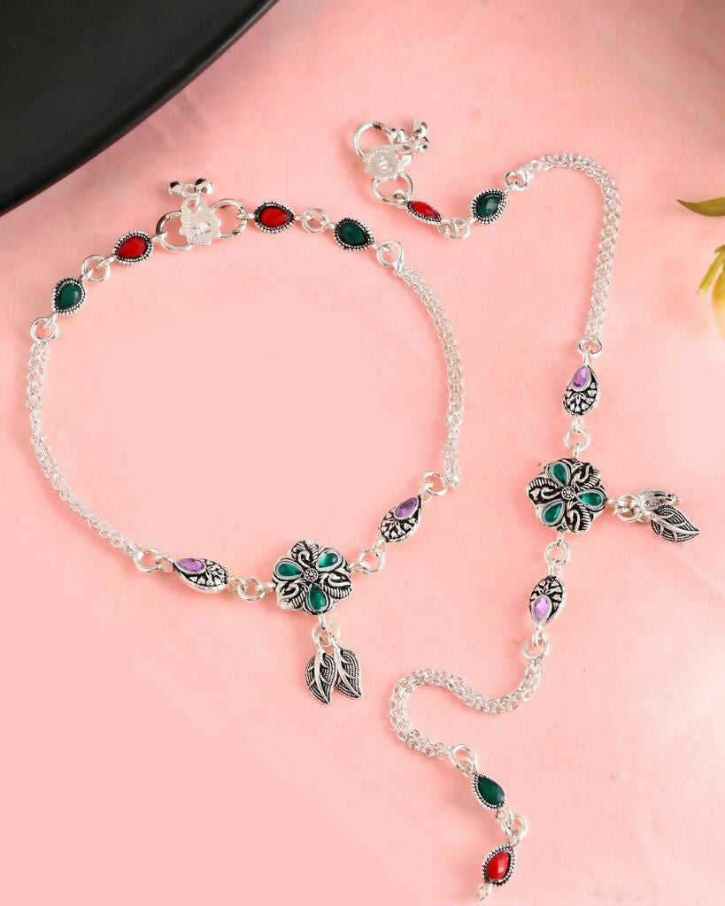 VOJ Set of 2 Traditional Stone Studded Flower Shaped Anklet | Grocsy