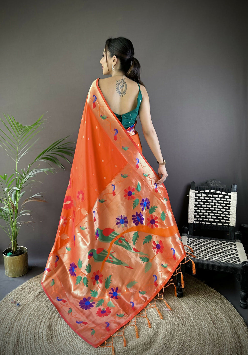 Joban Fashion Orange Zari Woven Floral Motifs Soft Silk Paithani Silk Saree | Grocsy