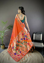 Joban Fashion Orange Zari Woven Floral Motifs Soft Silk Paithani Silk Saree | Grocsy