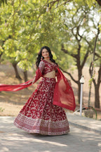 Vastranavya Designer Dyeable Pure Viscose Jacquard Fabric Lehenga Choli & Dupatta Set - Maroon | Grocsy