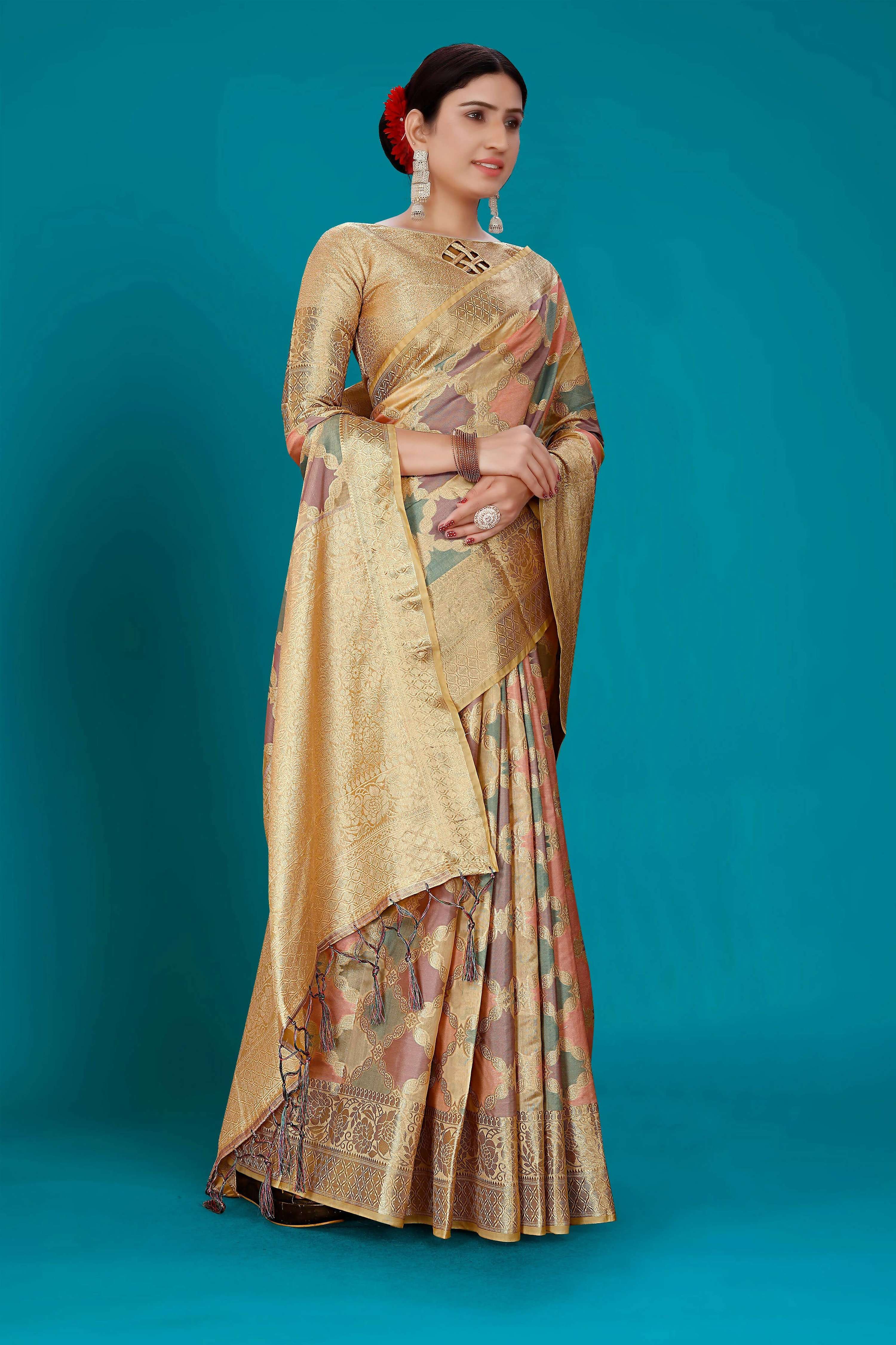 Beige Soft Organza Woven Design Saree with Unstitched Blouse Piece - Zaara | Grocsy
