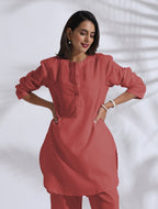 trueBrowns Pink Cotton Blend Pleated Kurta Co-ord Set | Grocsy