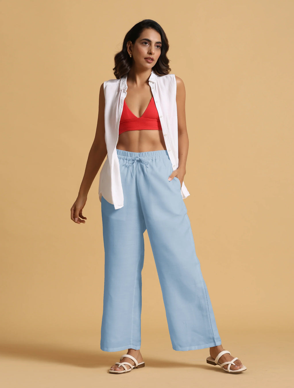 trueBrowns Light Blue Cotton Blend Straight Drawstring Pants | Grocsy