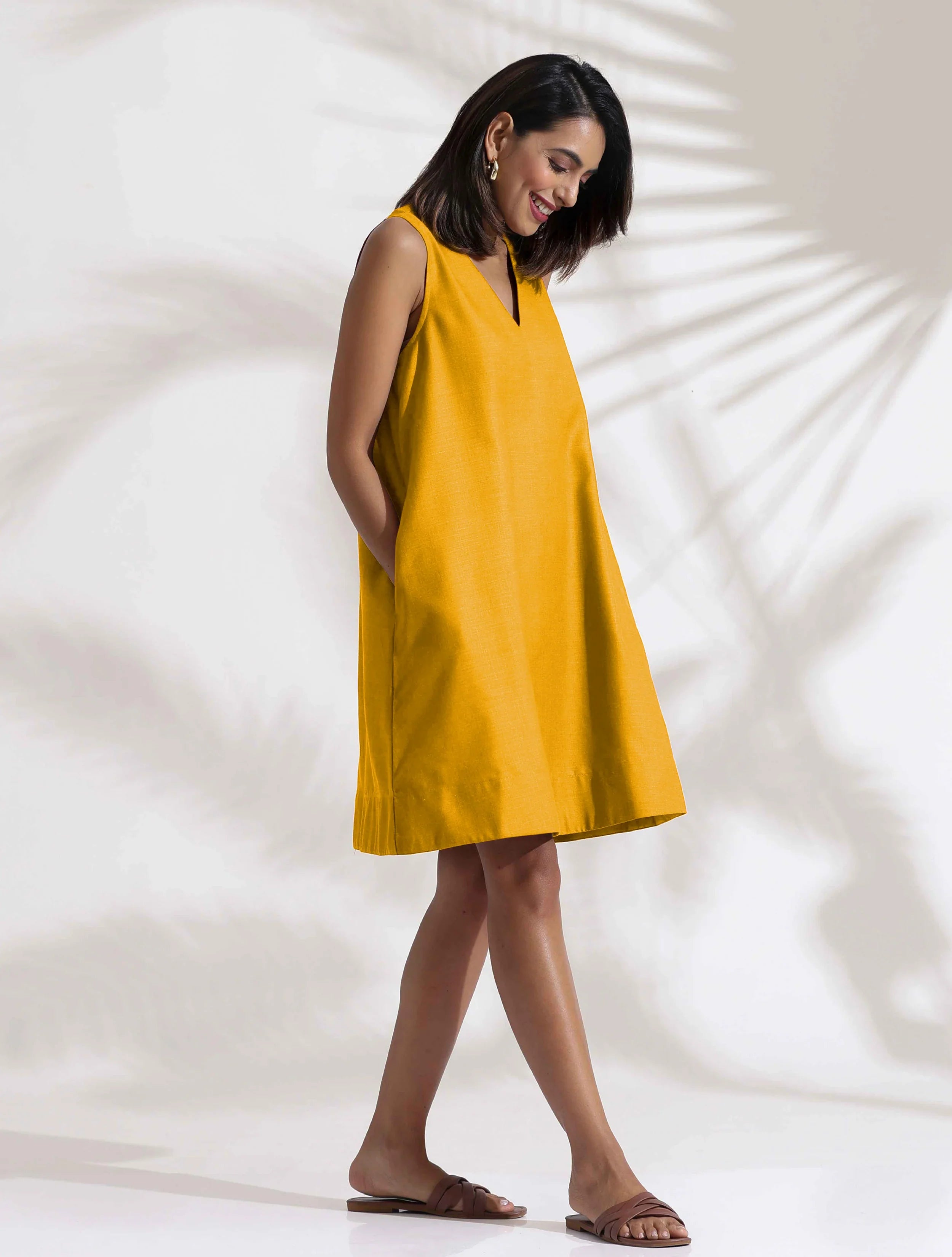 trueBrowns Mustard Cotton Blend Short Dress | Grocsy