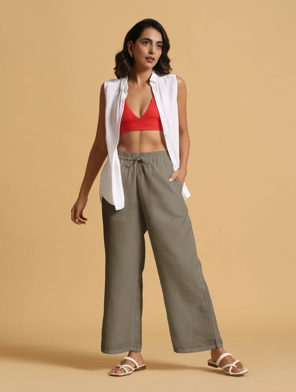 trueBrowns Olive Cotton Blend Elasticated Drawstring Straight Pants | Grocsy