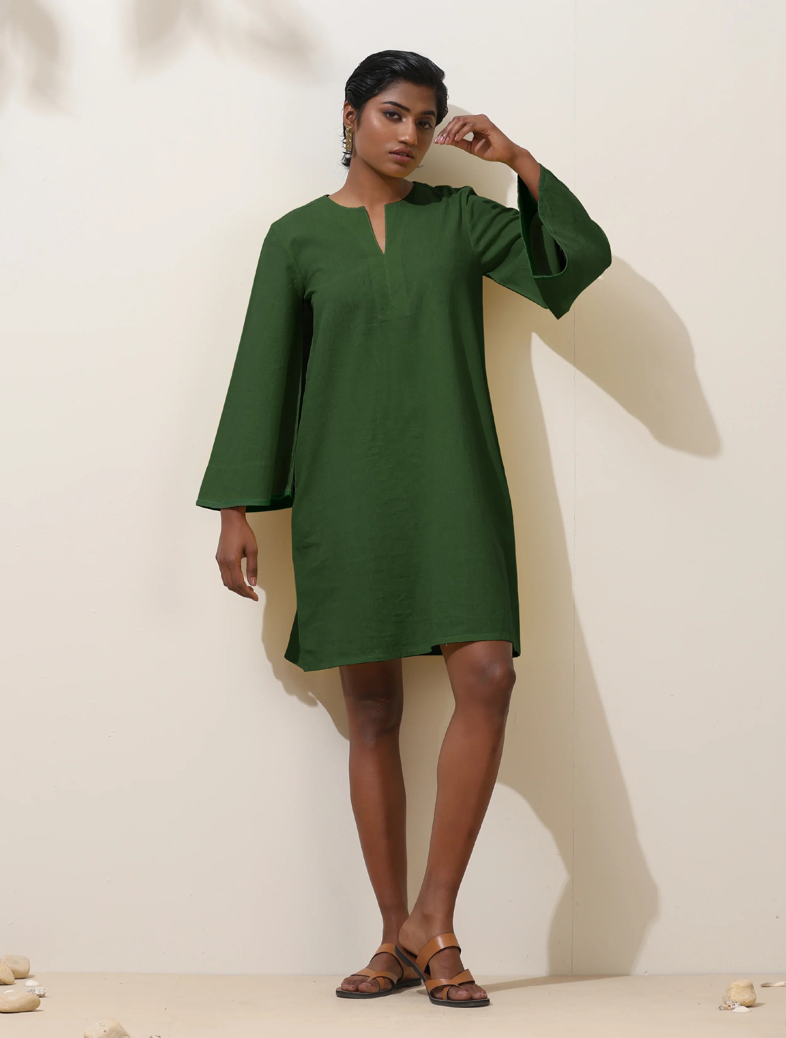 trueBrowns Green Cotton Blend Short Dress | Grocsy