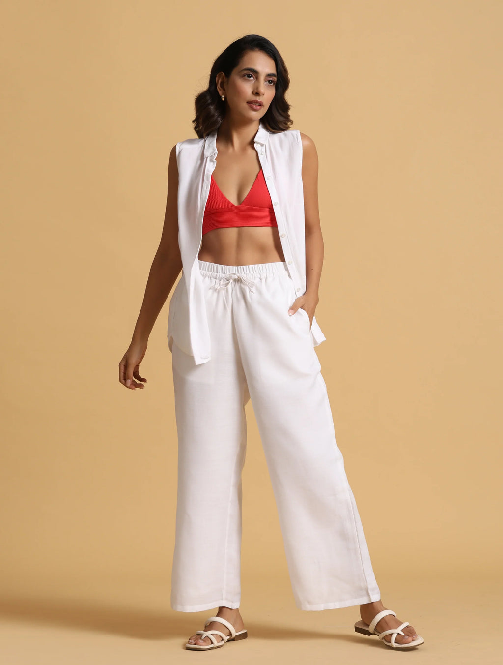 trueBrowns White Cotton Blend Elasticated Drawstring Straight Pants | Grocsy