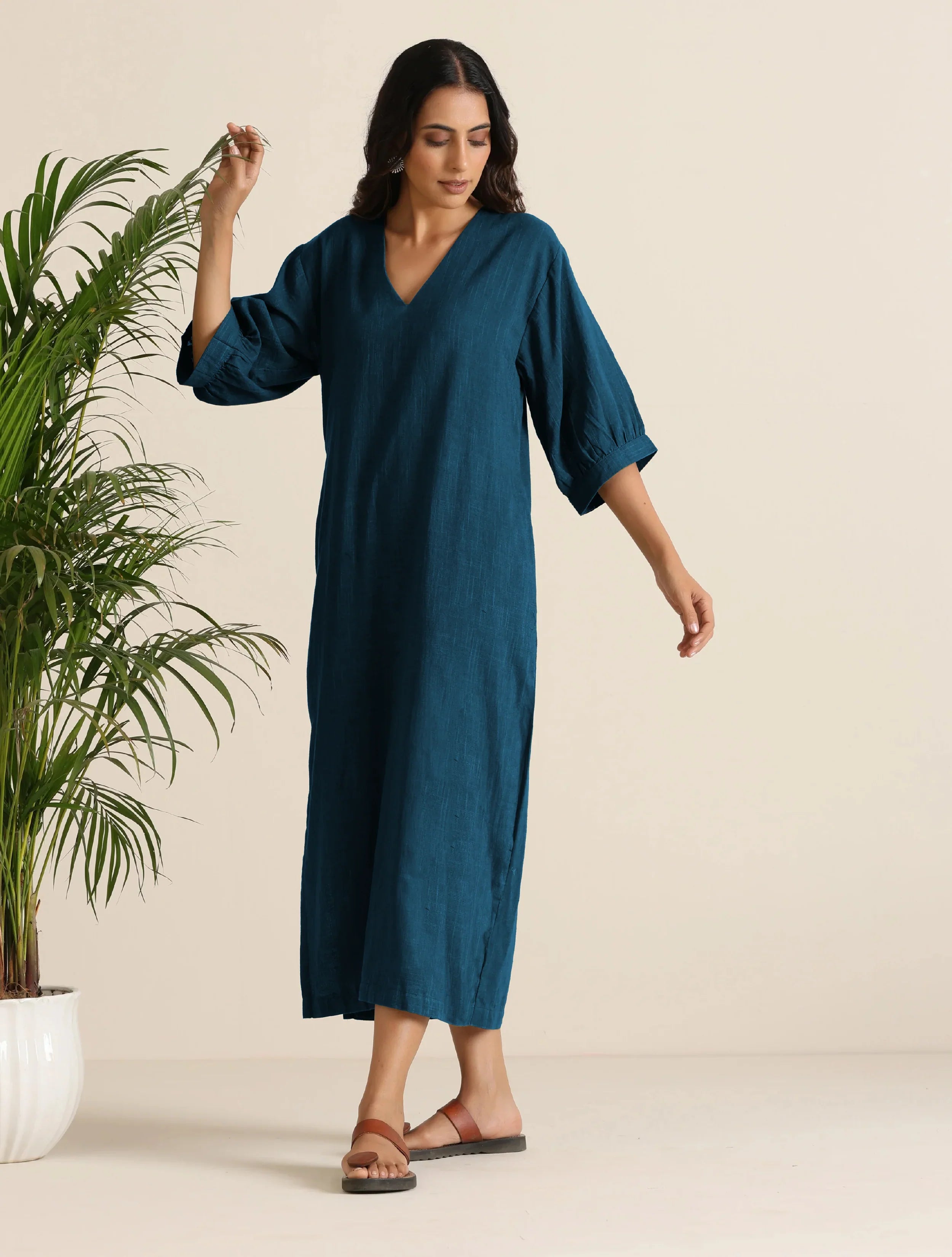trueBrowns Blue Cotton Blend Long Dress | Grocsy
