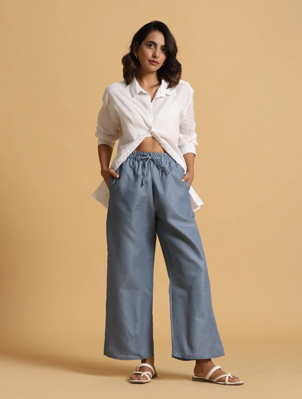 trueBrowns Blue Cotton Blend Elasticated Drawstring Straight Pants | Grocsy