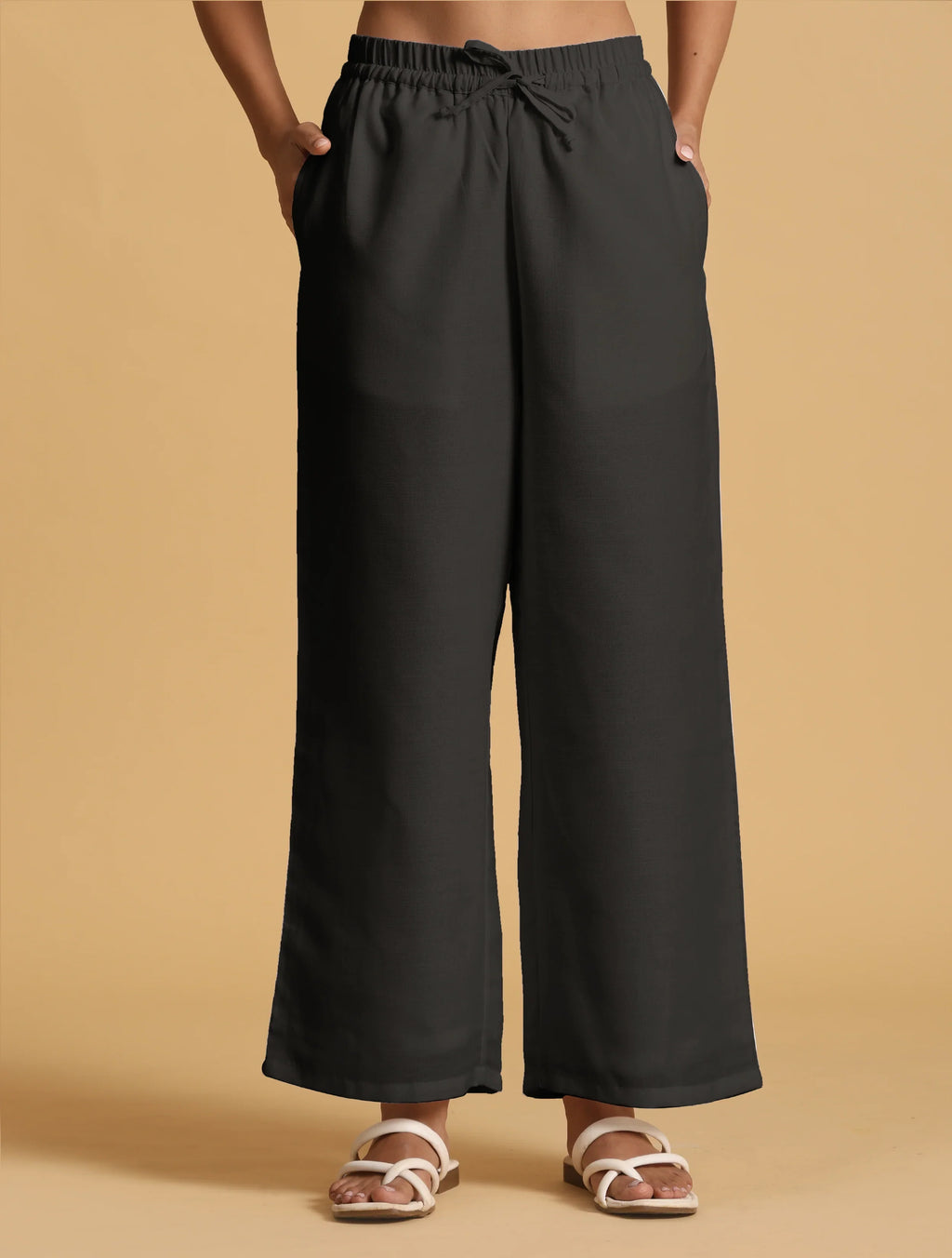 trueBrowns Black Cotton Blend Elasticated Drawstring Straight Pants | Grocsy