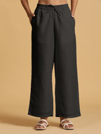 trueBrowns Black Cotton Blend Elasticated Drawstring Straight Pants | Grocsy