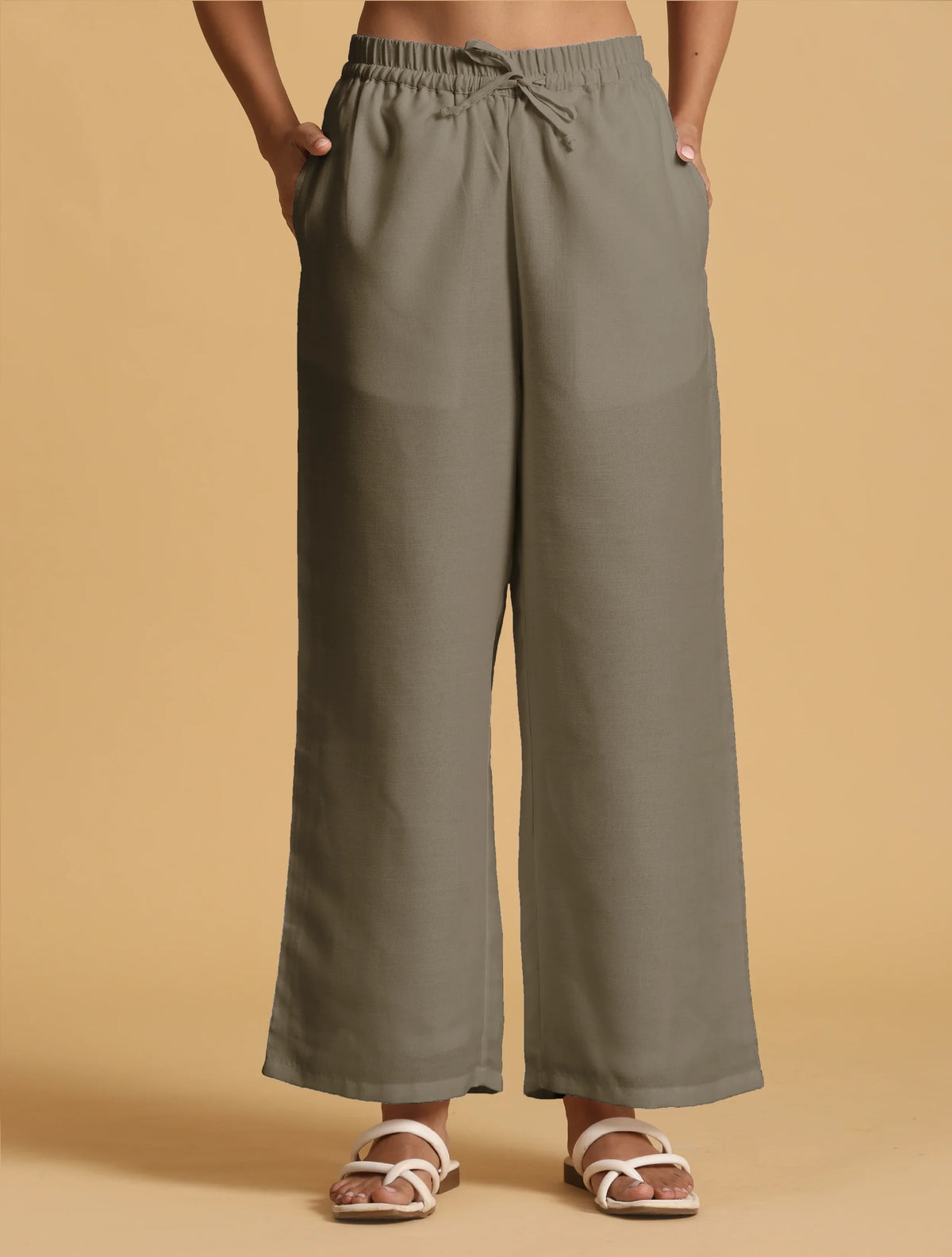 trueBrowns Olive Cotton Blend Elasticated Drawstring Straight Pants | Grocsy