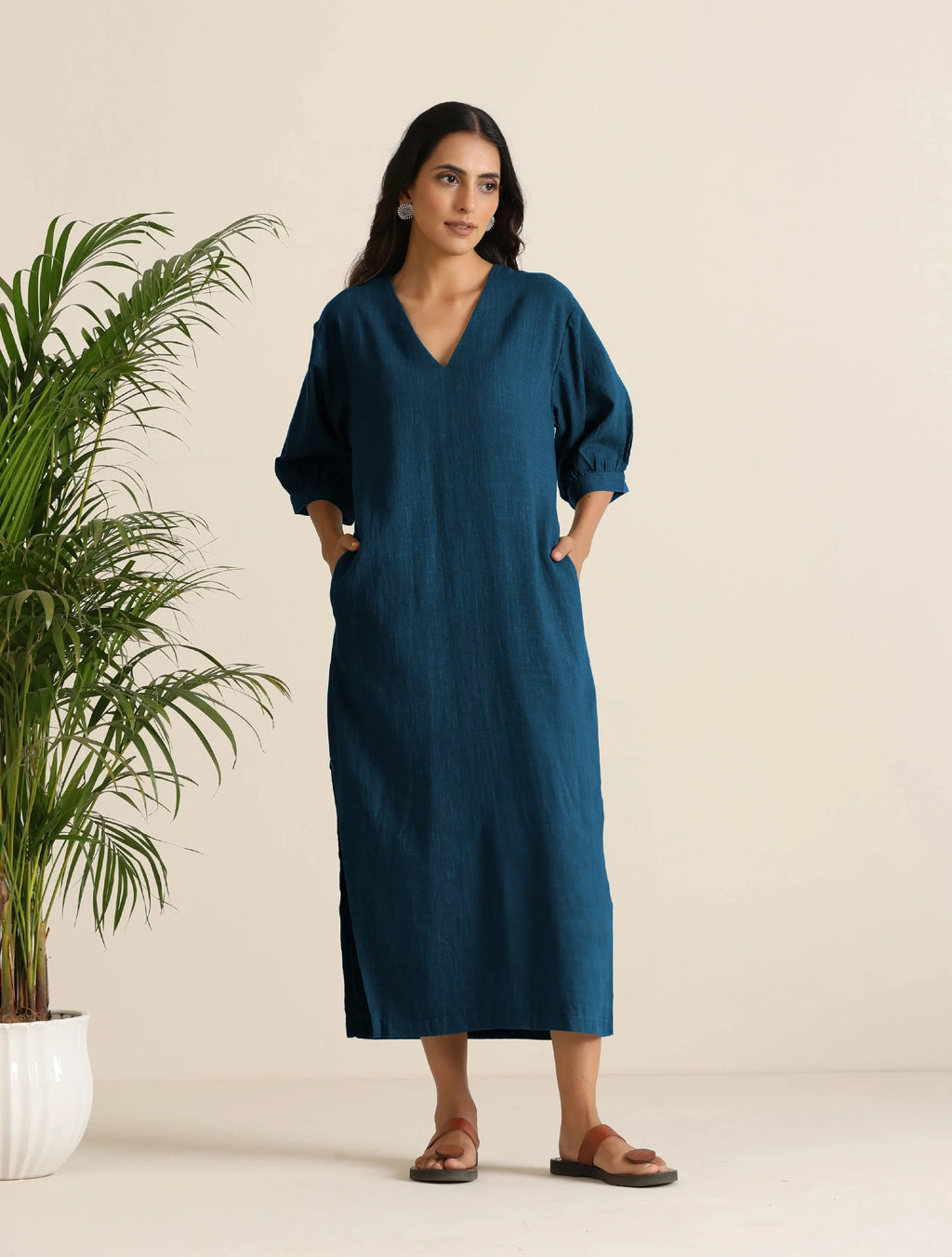 trueBrowns Blue Cotton Blend Long Dress | Grocsy