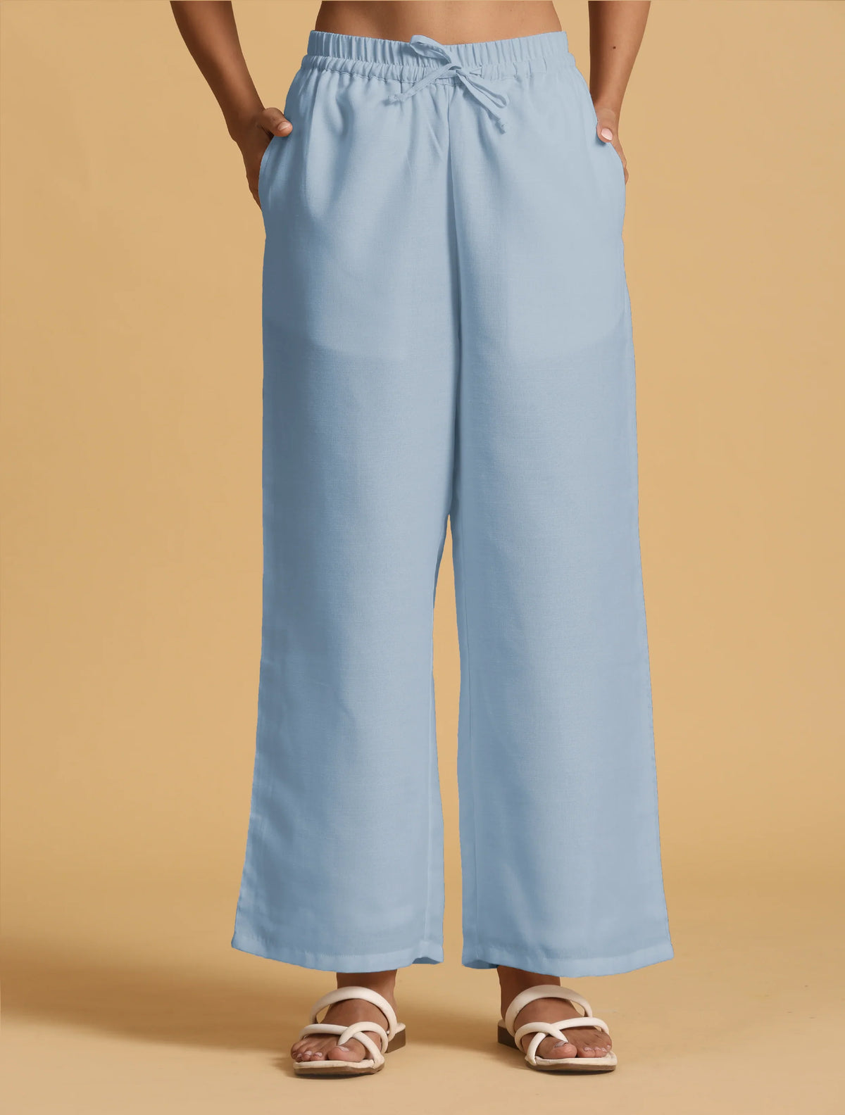trueBrowns Light Blue Cotton Blend Straight Drawstring Pants | Grocsy