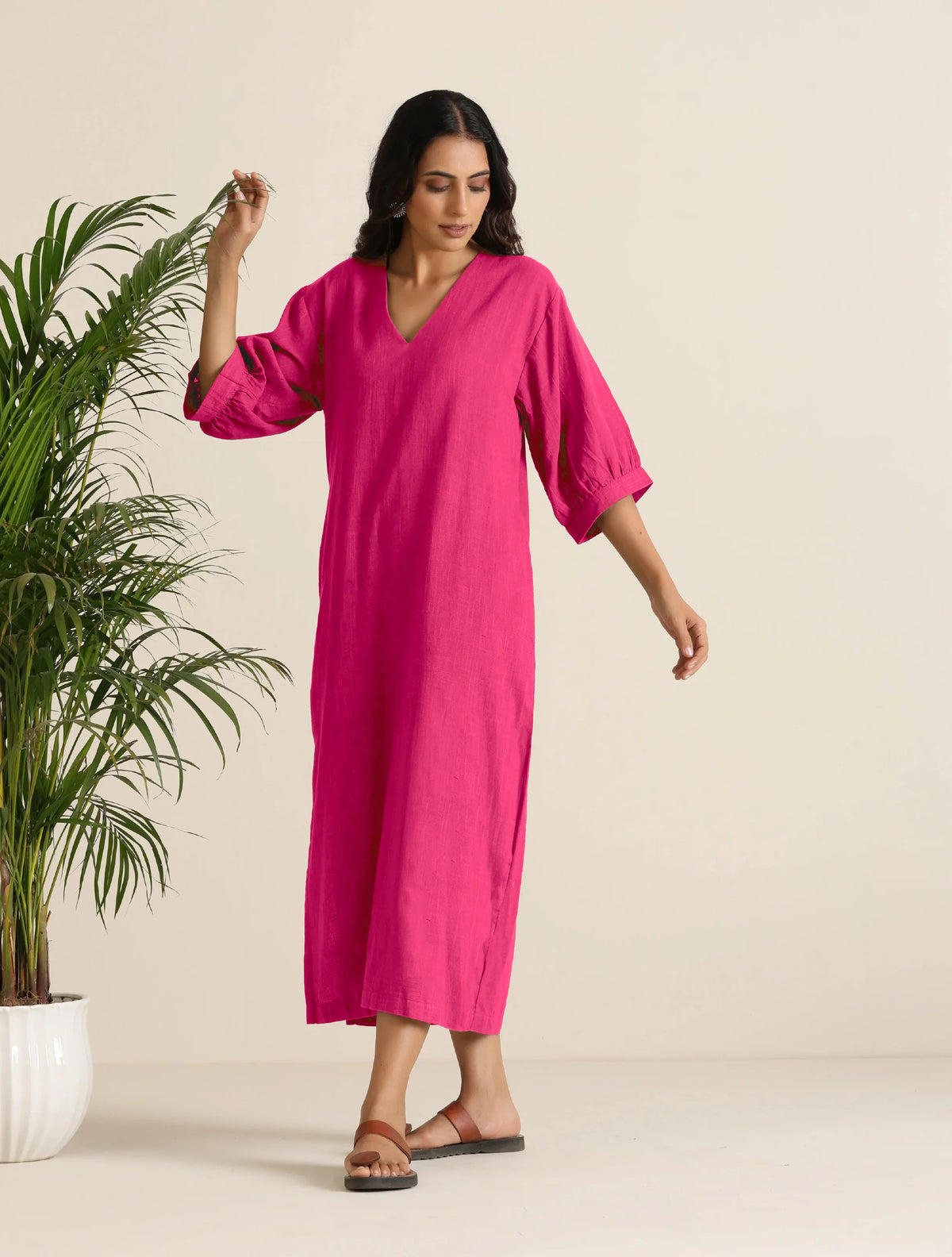 trueBrowns Hot Pink Cotton Blend Long Dress | Grocsy