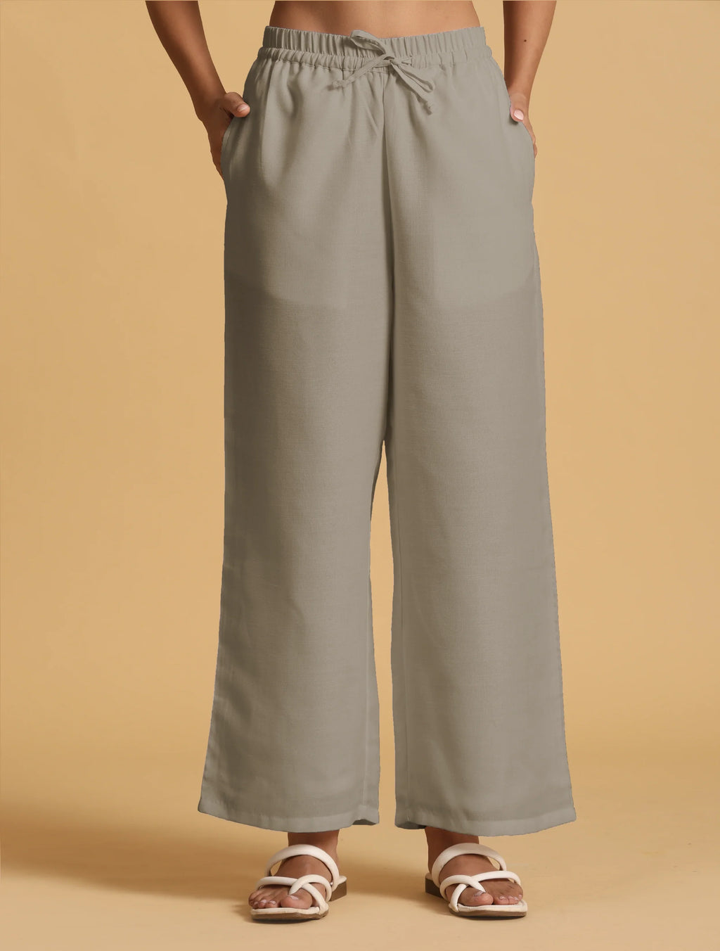 trueBrowns Grey Cotton Blend Elasticated Drawstring Straight Pants | Grocsy