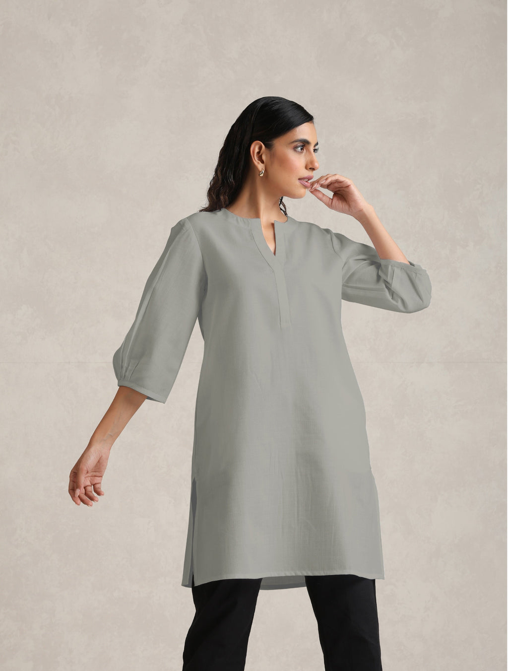 trueBrowns Grey Cotton Blend Short Kurta | Grocsy