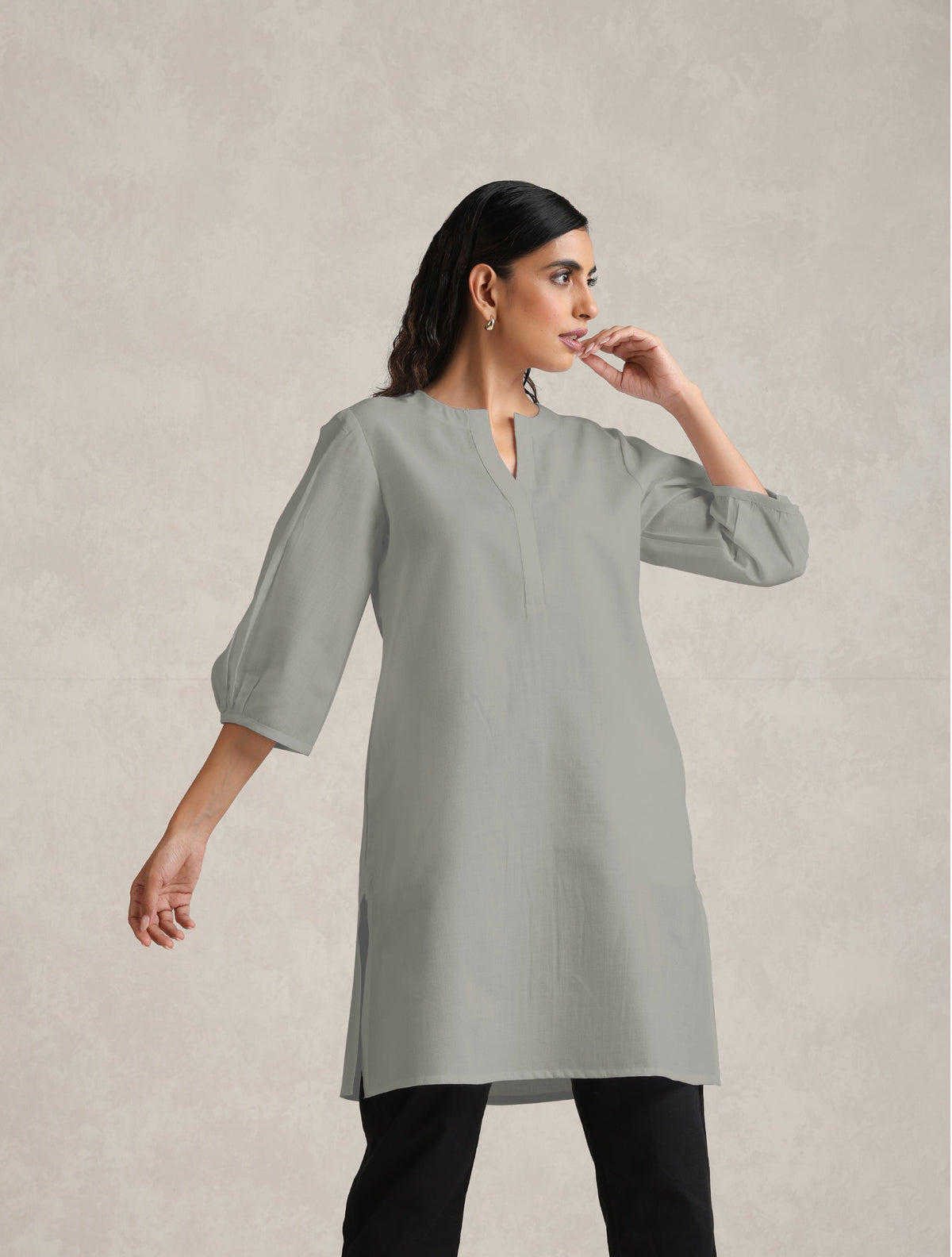 trueBrowns Grey Cotton Blend Short Kurta | Grocsy