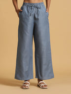 trueBrowns Blue Cotton Blend Elasticated Drawstring Straight Pants | Grocsy
