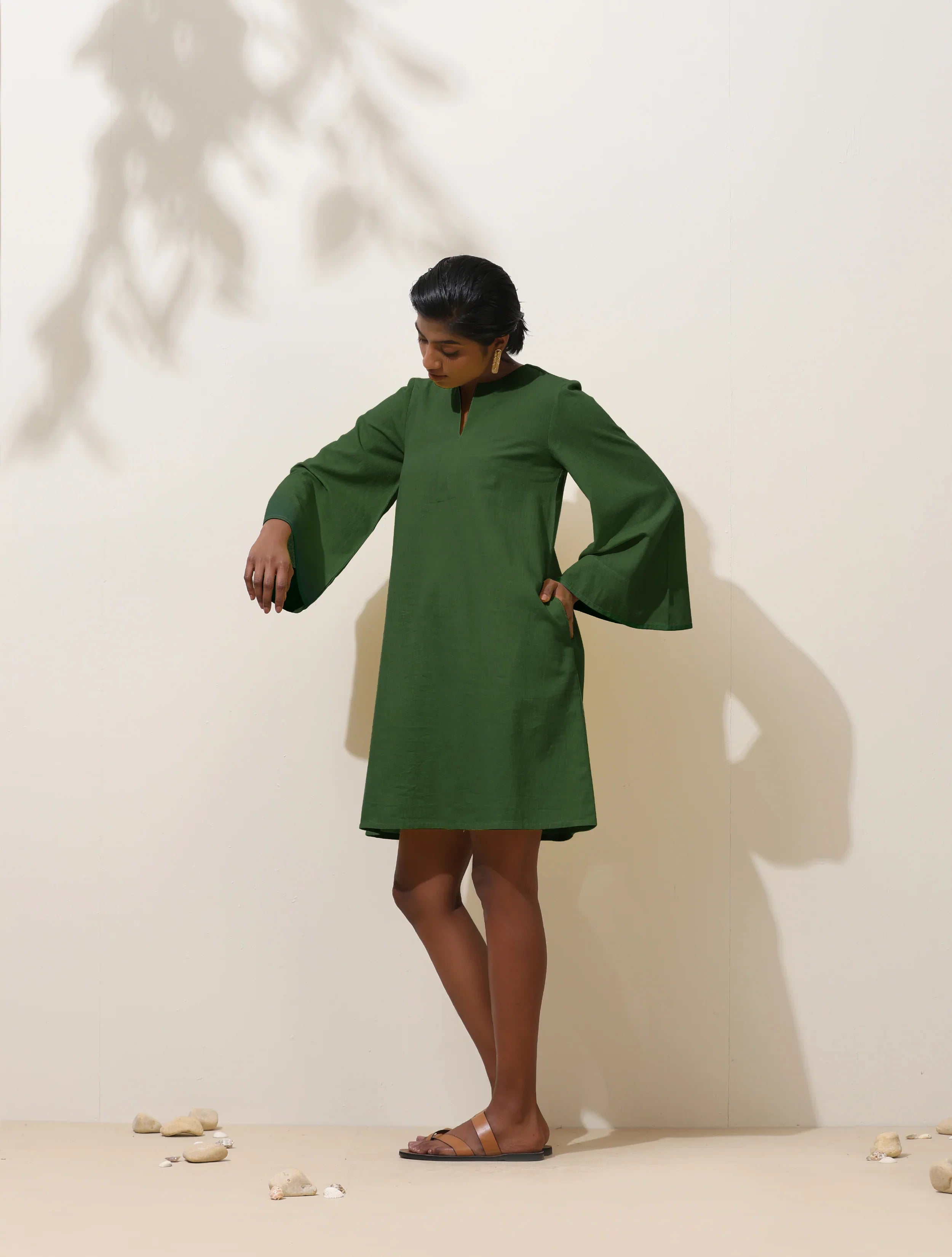 trueBrowns Green Cotton Blend Short Dress | Grocsy