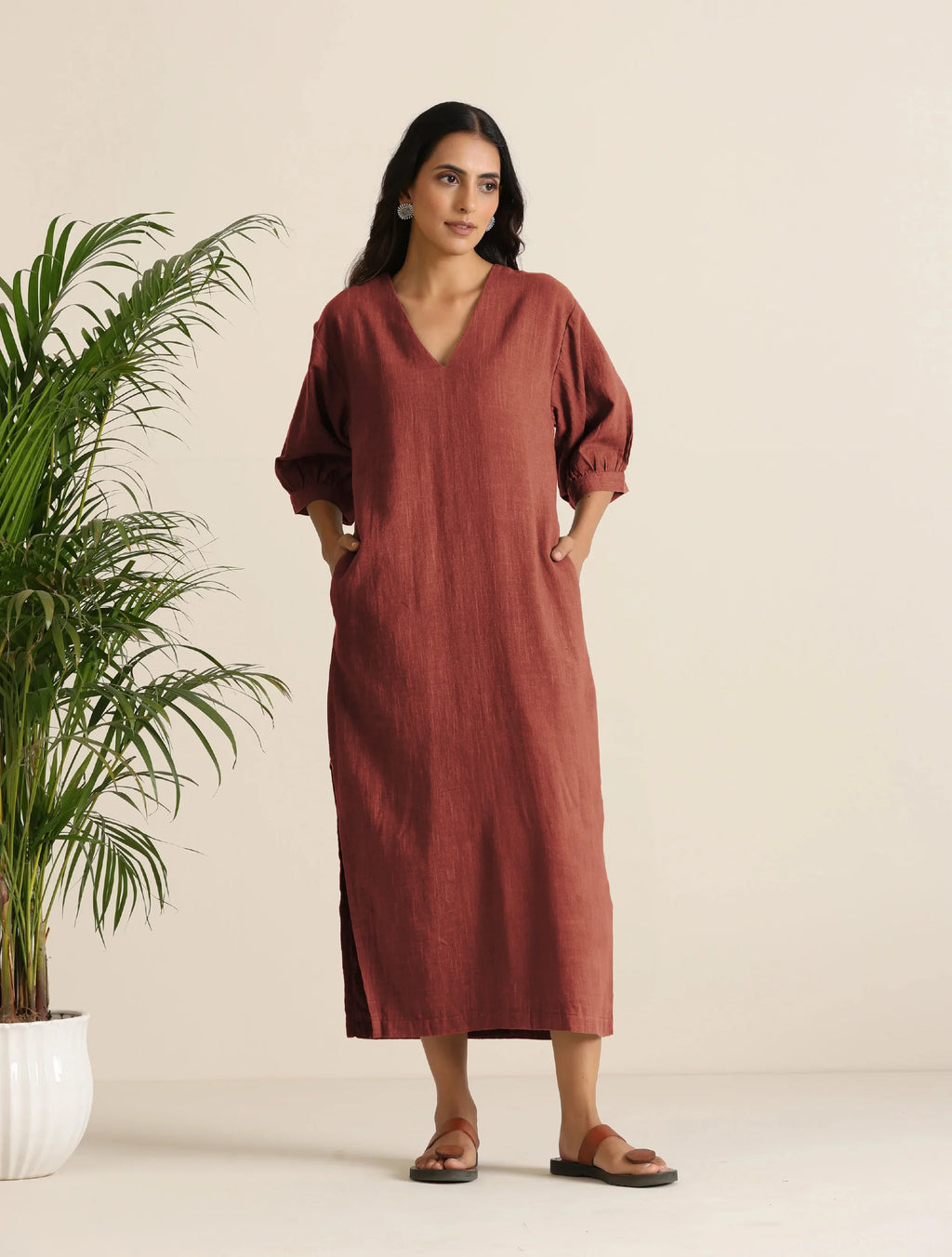 trueBrowns Rust Pink Cotton Blend Long Dress | Grocsy