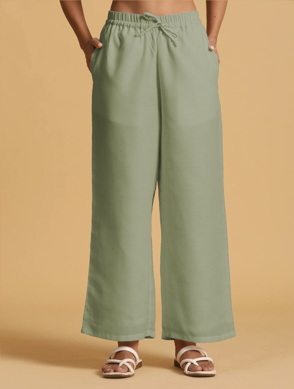 trueBrowns Mint Green Cotton Blend Elasticated Drawstring Straight Pants | Grocsy