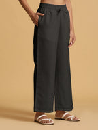 trueBrowns Black Cotton Blend Elasticated Drawstring Straight Pants | Grocsy