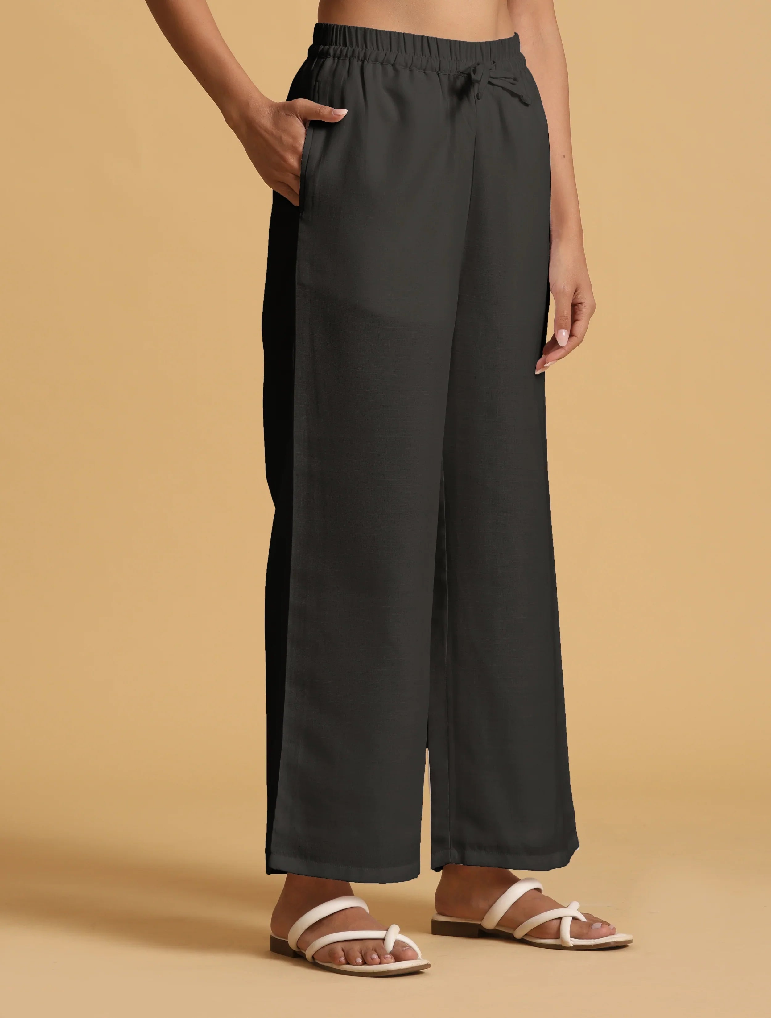 trueBrowns Black Cotton Blend Elasticated Drawstring Straight Pants | Grocsy