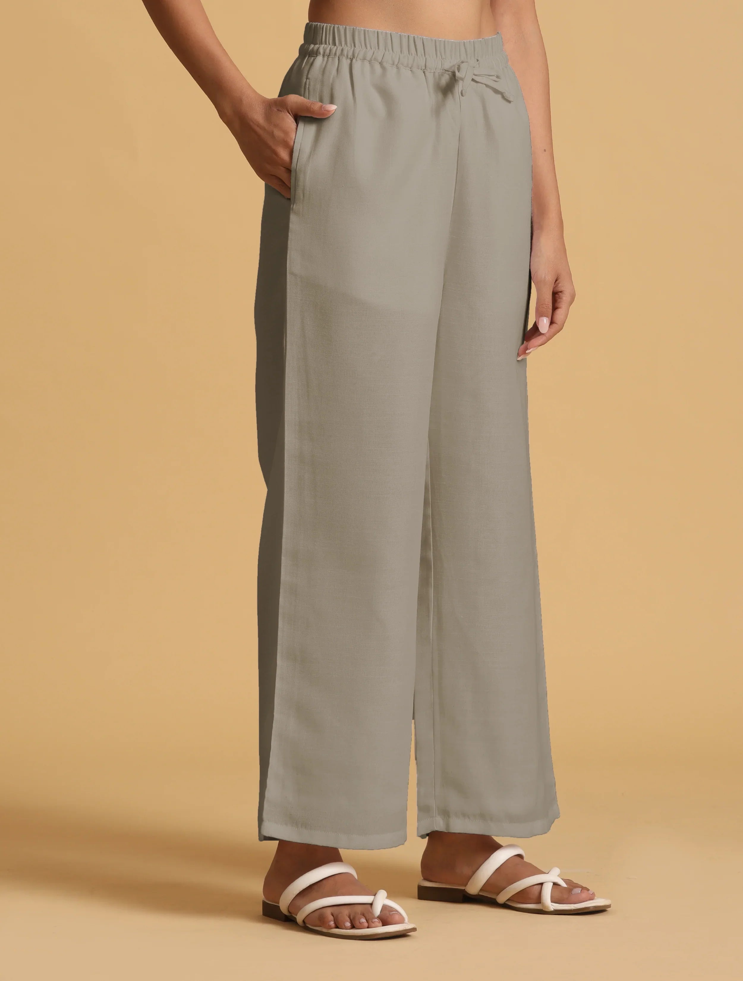 trueBrowns Grey Cotton Blend Elasticated Drawstring Straight Pants | Grocsy