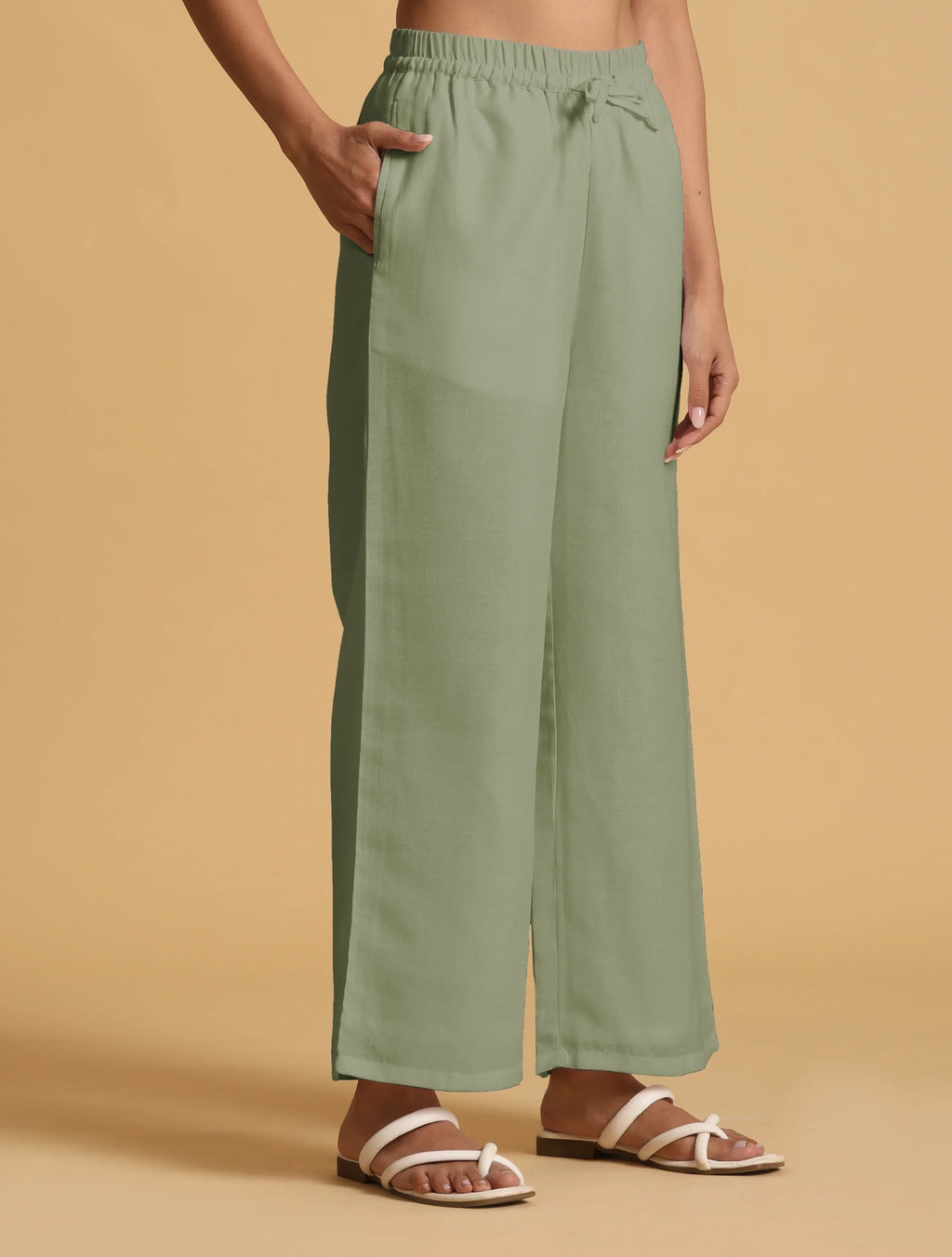 trueBrowns Mint Green Cotton Blend Elasticated Drawstring Straight Pants | Grocsy