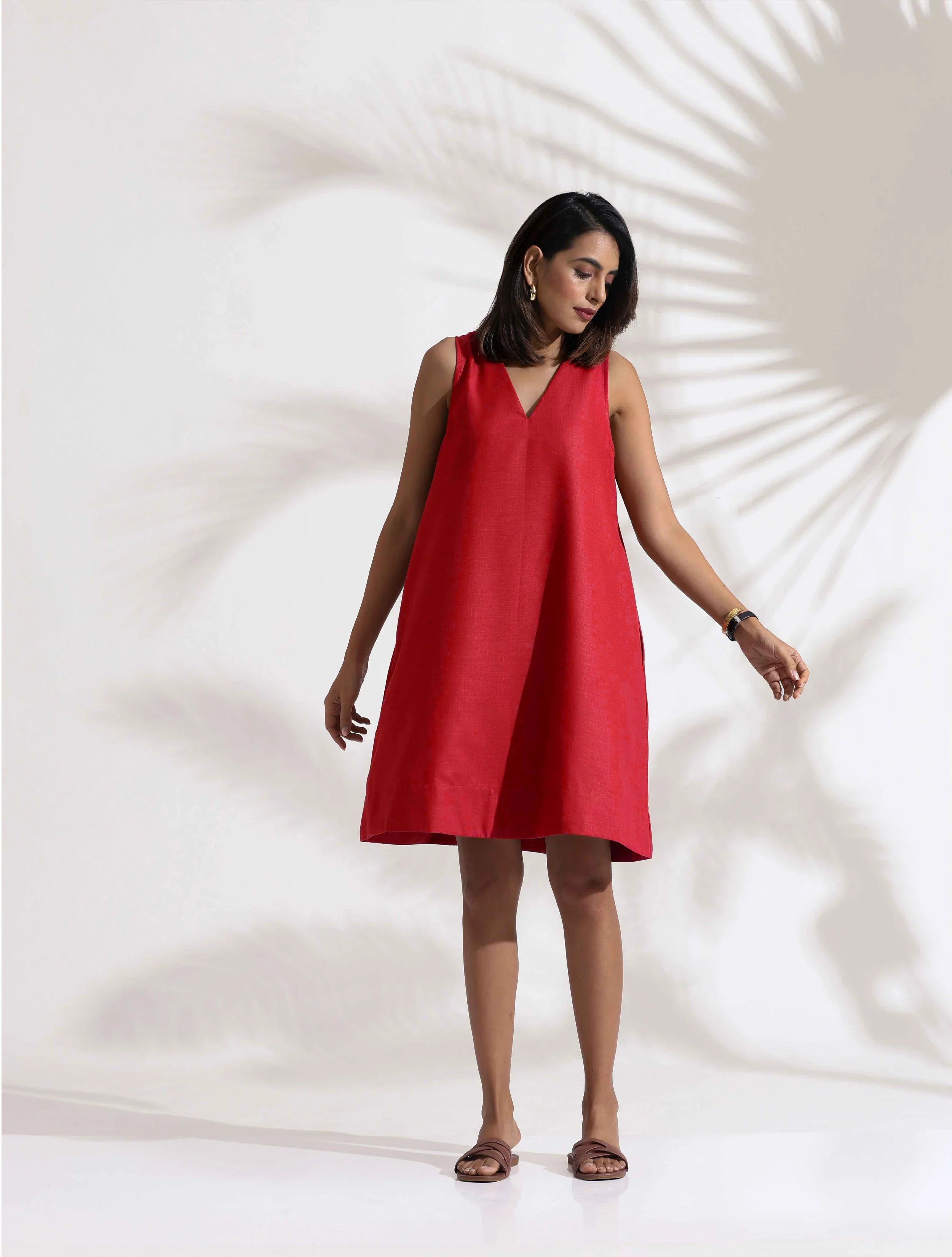 trueBrowns Red Cotton Blend Short Dress | Grocsy