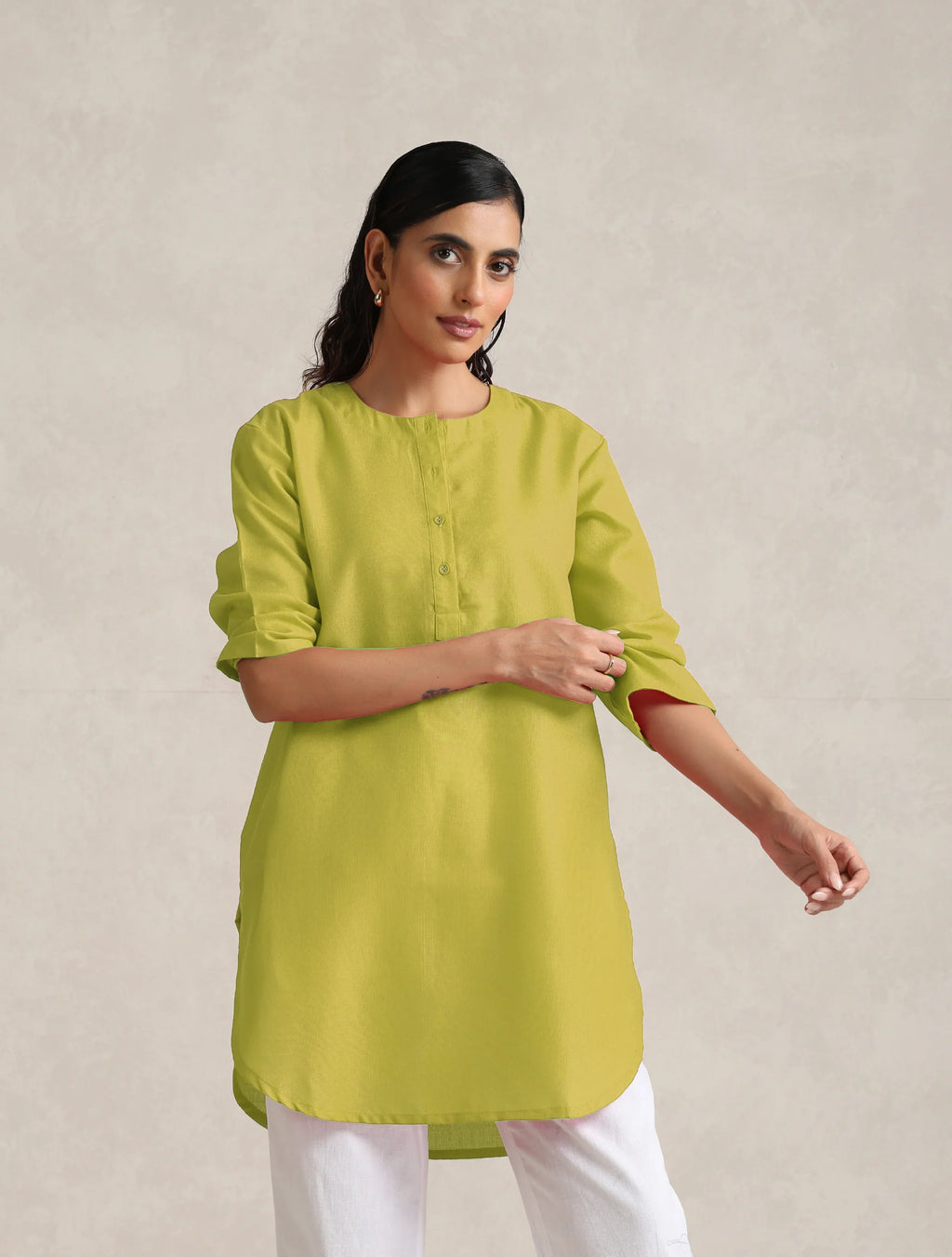 trueBrowns Lime Cotton Blend Short Kurta | Grocsy
