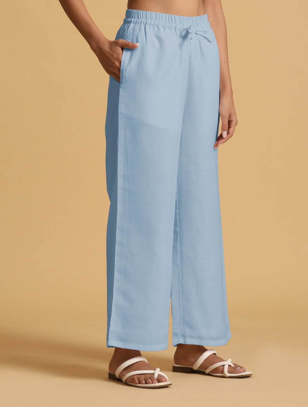 trueBrowns Light Blue Cotton Blend Straight Drawstring Pants | Grocsy