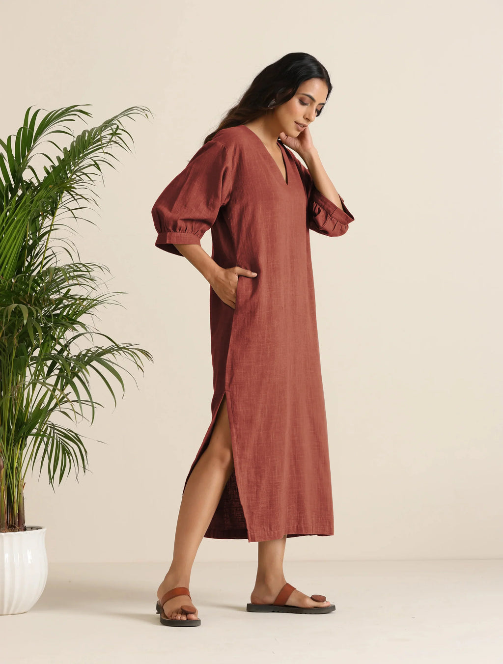 trueBrowns Rust Pink Cotton Blend Long Dress | Grocsy