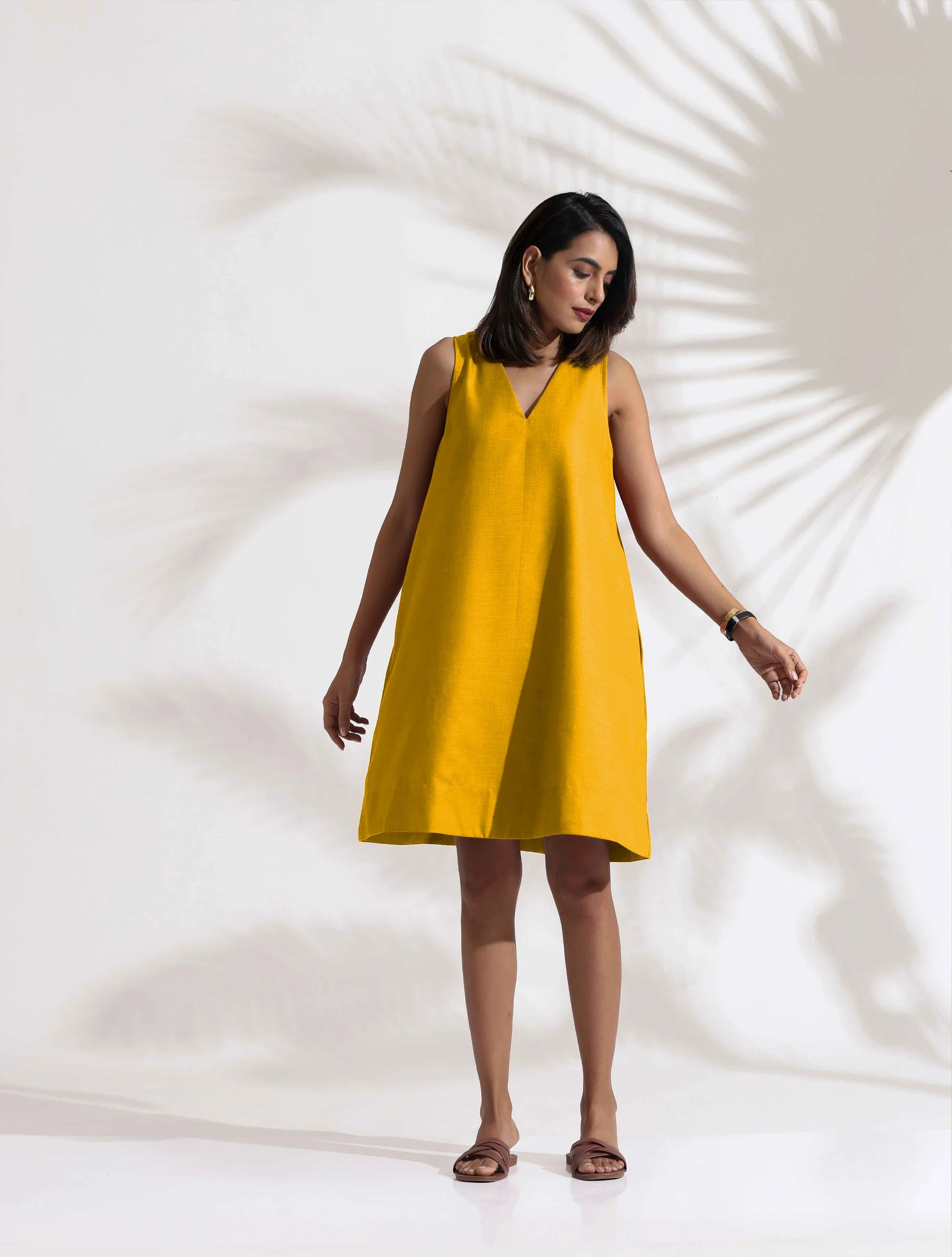trueBrowns Mustard Cotton Blend Short Dress | Grocsy