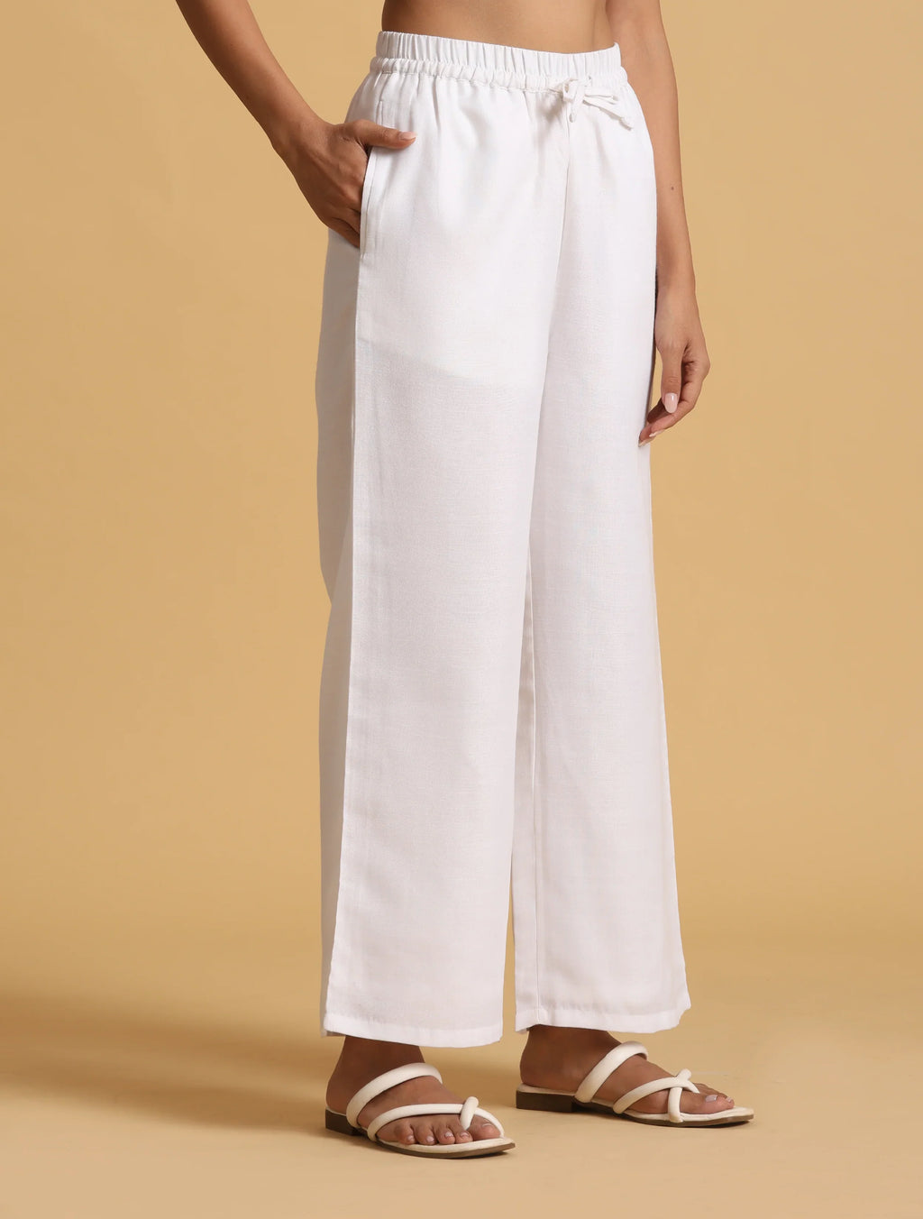 trueBrowns White Cotton Blend Elasticated Drawstring Straight Pants | Grocsy