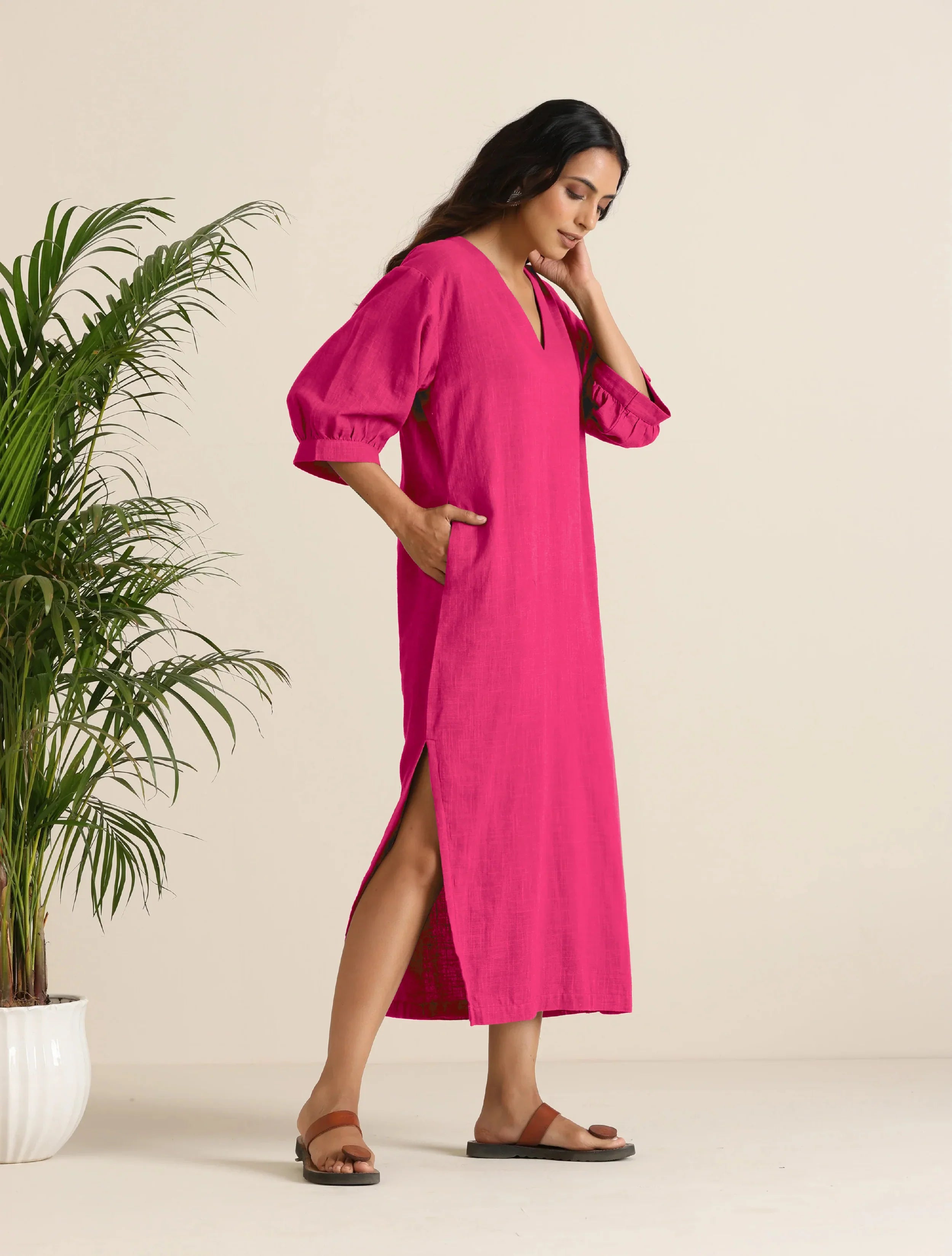trueBrowns Hot Pink Cotton Blend Long Dress | Grocsy