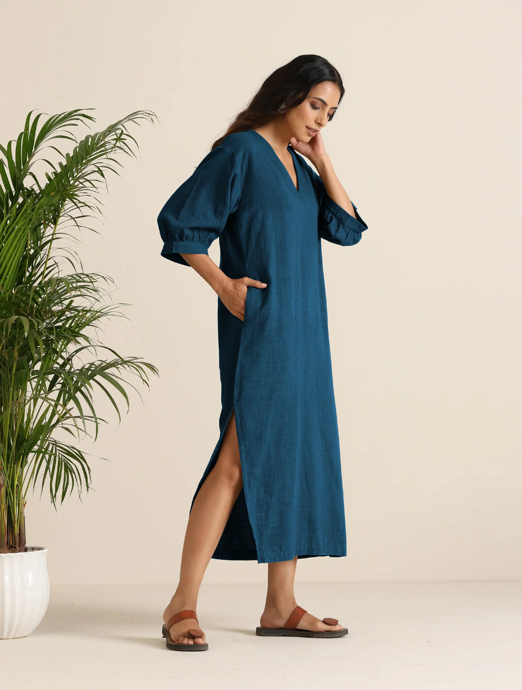 trueBrowns Blue Cotton Blend Long Dress | Grocsy