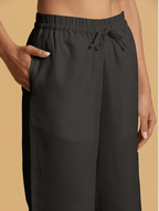 trueBrowns Black Cotton Blend Elasticated Drawstring Straight Pants | Grocsy